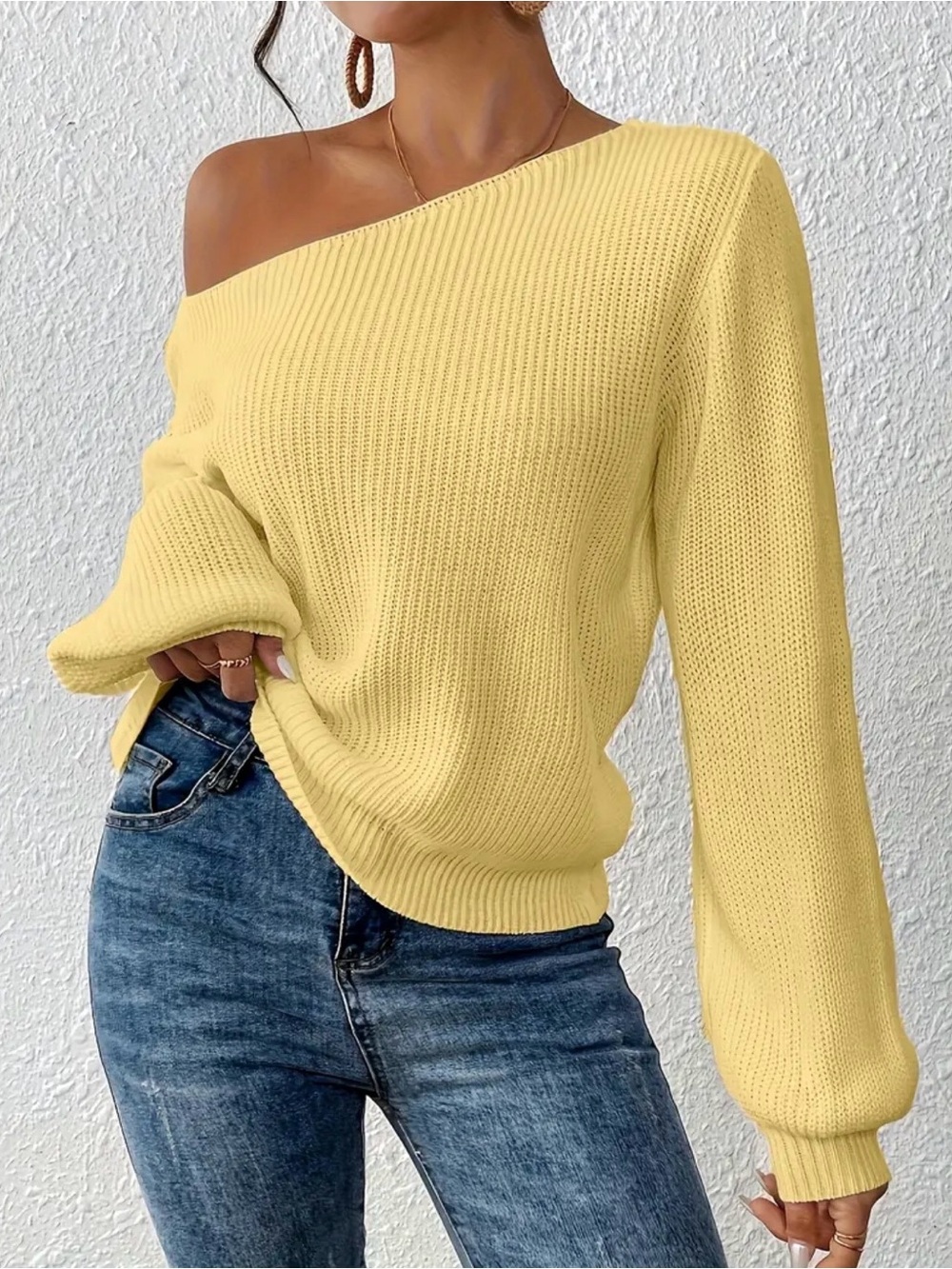 Off-Shoulder Yellow Knit Sweater - Women's Cozy Pullover